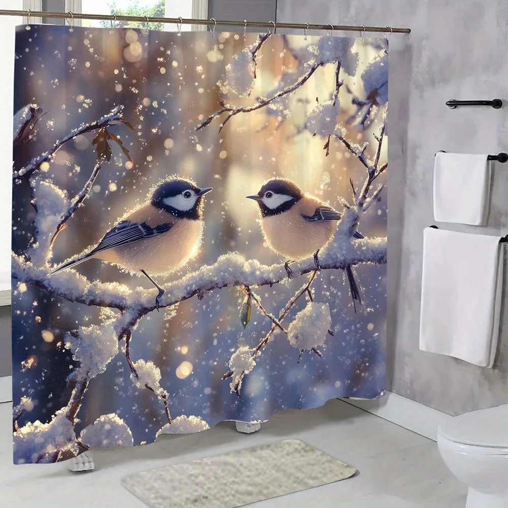 1pc Winter Blue Tits Shower Curtain - Snowy Branch with Falling Snowflakes & Birds Design, Cozy Winter Wonderland Bath Decor, Du