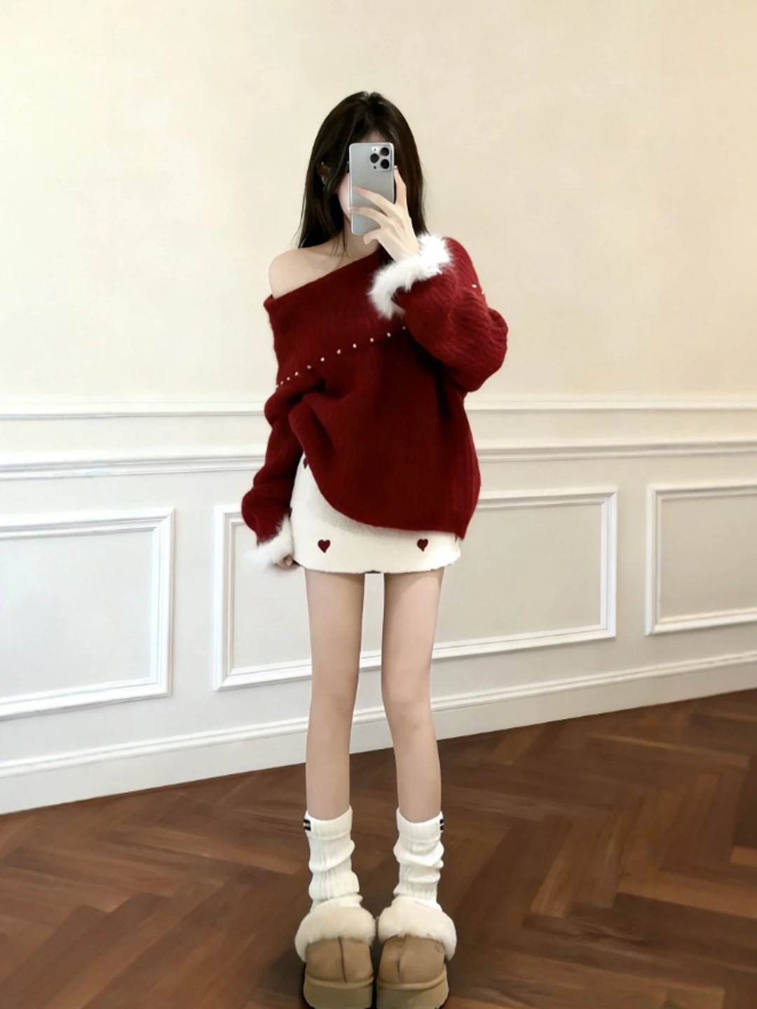 

Red Off-oulder Sweater And Skirt Two-Piece Set Comfortable Spring Faion for Young Women High-Waisted Flattering Sle
