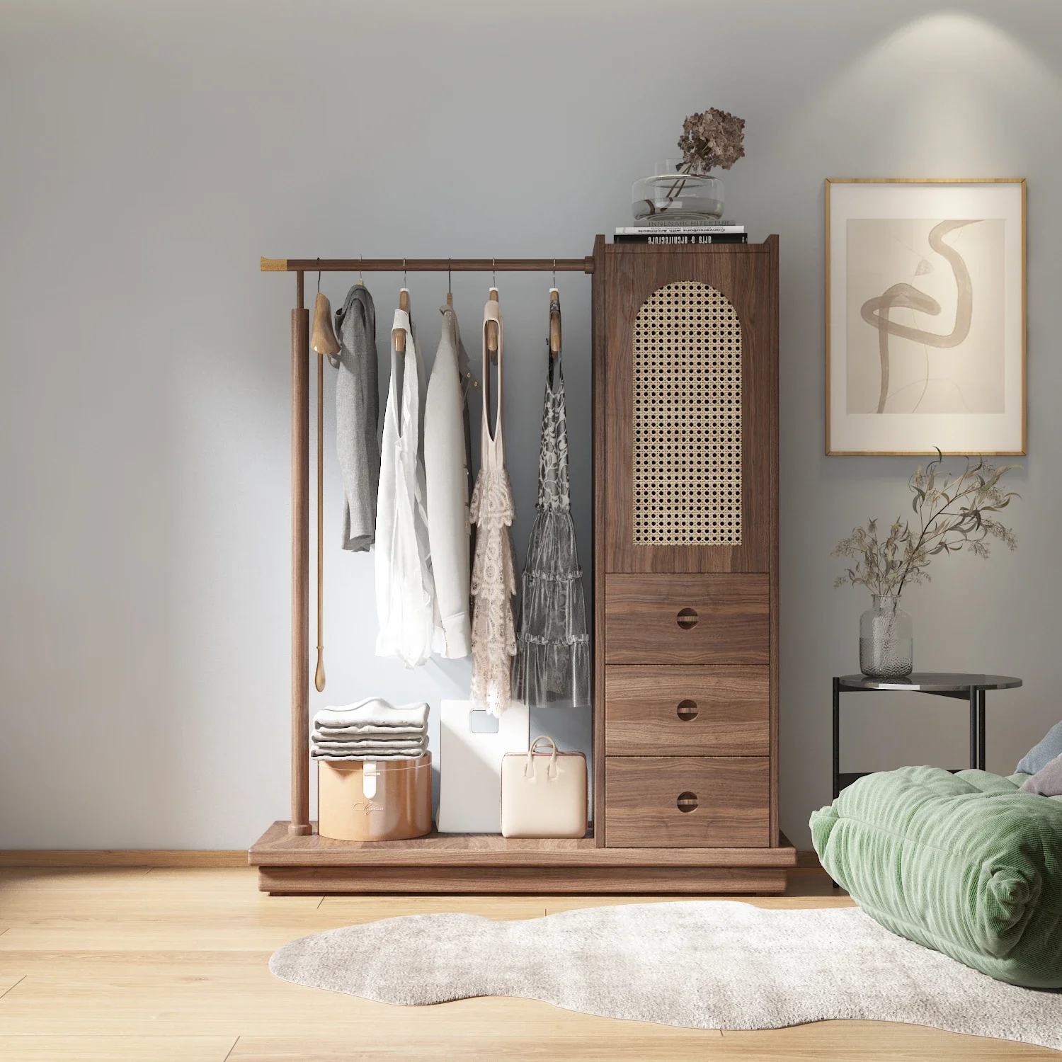 Japanese style solid wood wicker wardrobe, hat rack cabinet, simple household furniture, integrated hanging clothes rack