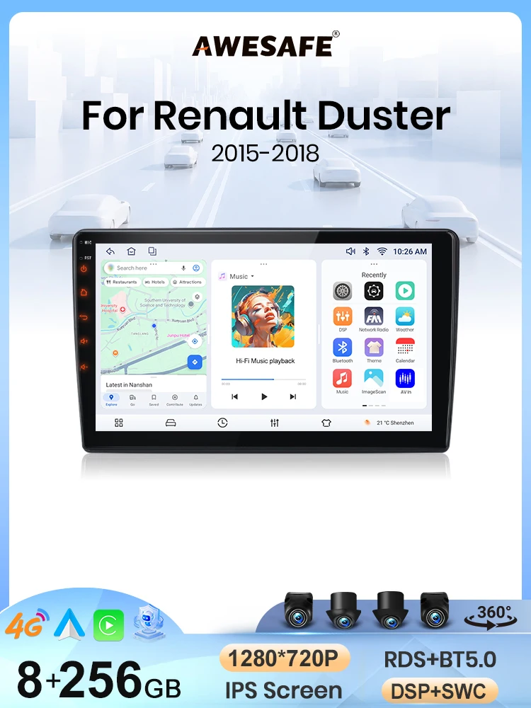 AWESAFE Bezprzewodowe Radio Samochodowe CarPlay Android Auto do Renault Dacia Duster 2015-2020 2 DIN Stereo Multimedialne z Wbudowanym Wentylatorem Chłodzącym Inteligentne Systemy Dotykowy Ekran — 2