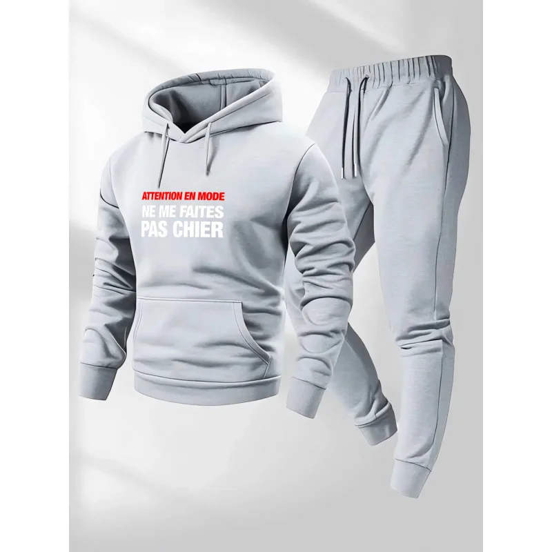 

Серый комплект с капюшоном с принтом и текстом «Внимание моды» «Не беспорядок со мной»