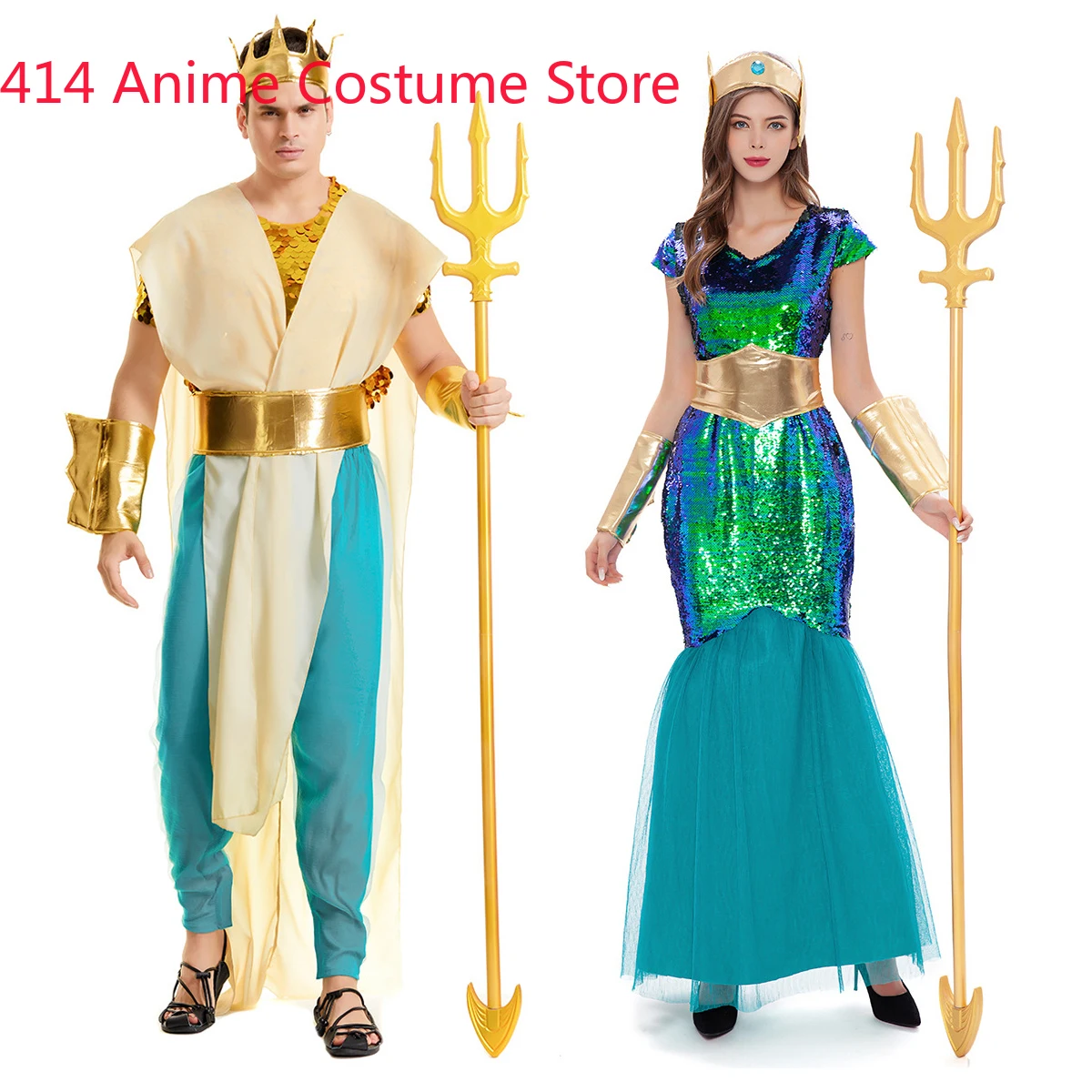 Women Sea Siren Mermaid Queen Costume Men's Poseidon Costumes Fantasia Halloween Purim Carnival Mardi Gras Dress up