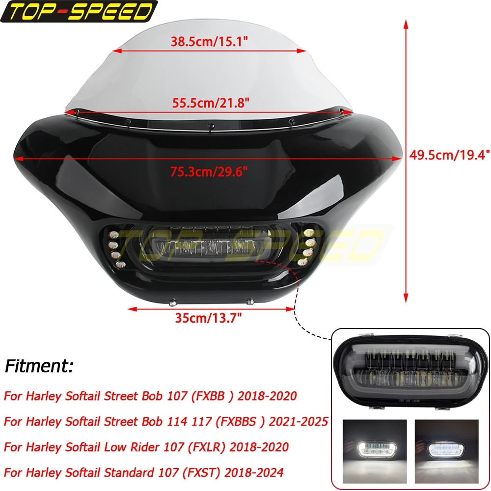 Motorcycle Windshield Fairing Headlight Cowl W/DRL Running Turn Signal LED Light For Harley Softail FXBB FXBBS FXLR FXST 2018-25