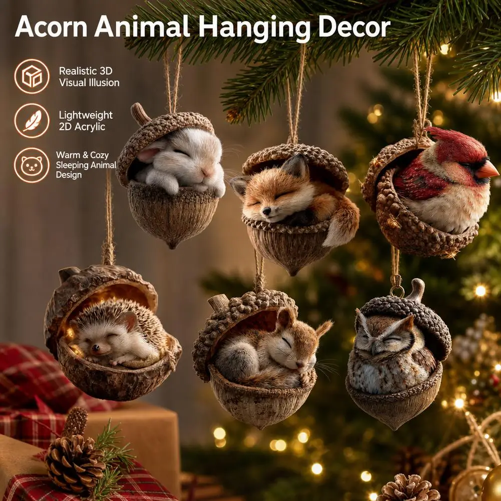 2D Acrylic Christmas Tree Hanging Ornament Sleeping Animal In Acorn Shell Realistic 3D Visual Effect XmasParty Decor 5/6/12pcs