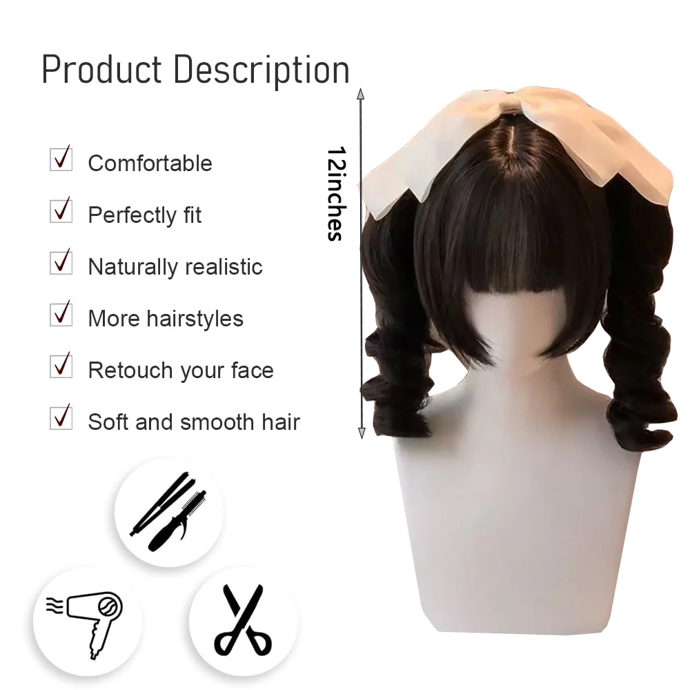 تجعيدات رومانية، شعر صناعي، ذيل حصان قابل للفصل بشكل طبيعي، مناسب للحفلات اليومية النسائية، لعب الأدوار الأنيمي، شعر مستعار لوليتا