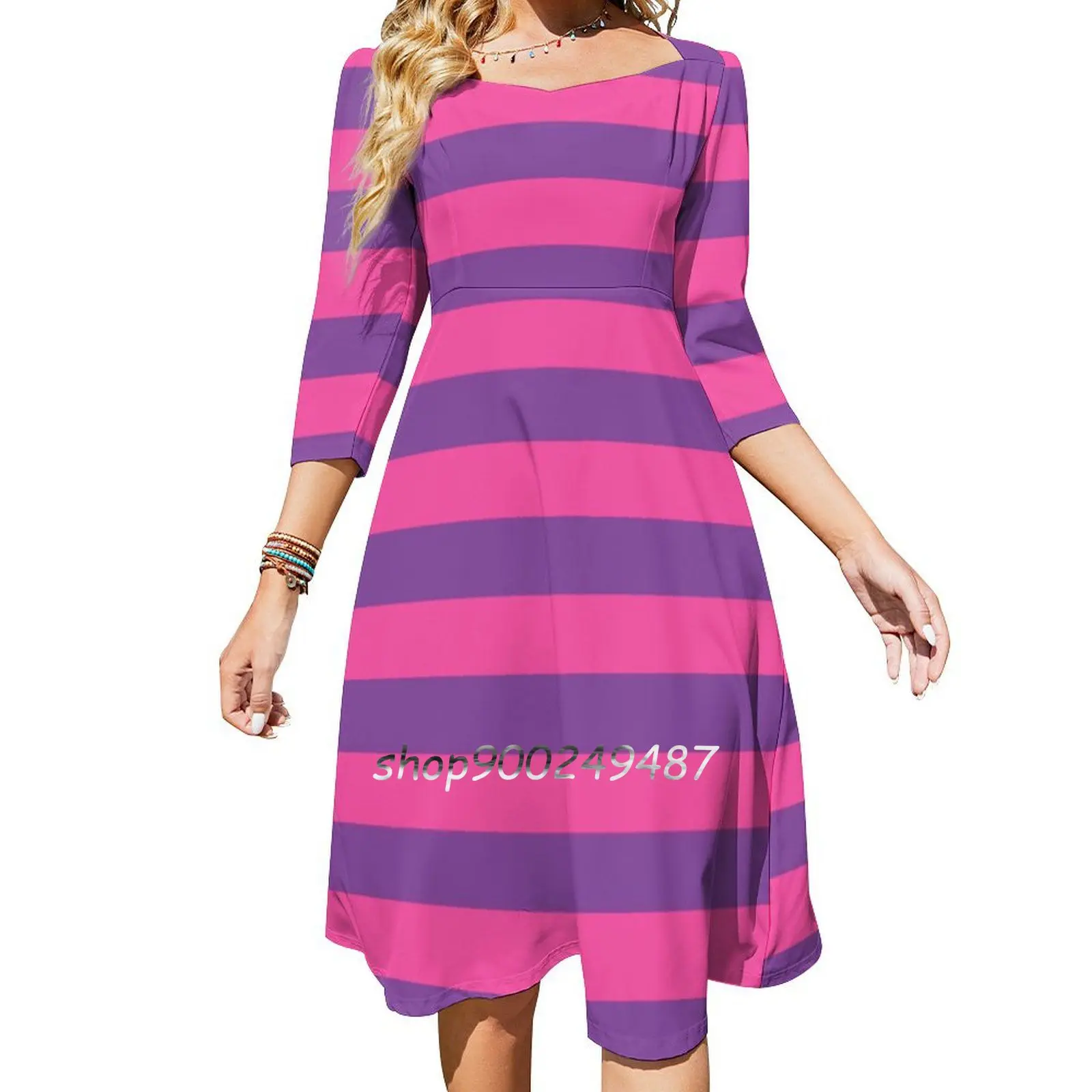 Cheshire Cat Print Sweetheart Knot Flared Dress Fashion Design Large Size Loose Dress Alice Alice In Aiw Cheshire Cat Cats