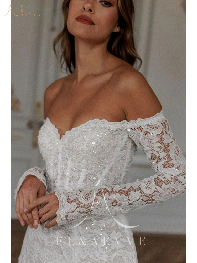 Short Off Shoulder Wedding Dress Mermaid Lace Bridal Gown Long Sleeves Women Lace Up Bride Dresses Prom Party Dress Customized