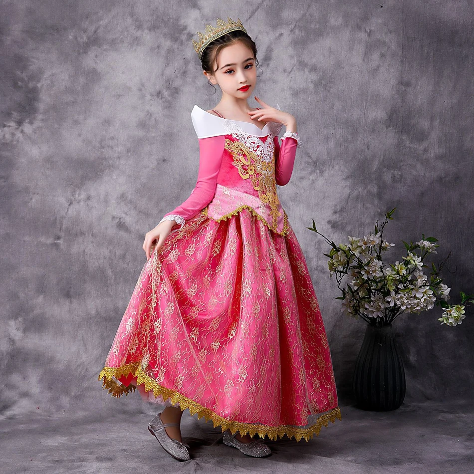 Girls Pink Beauty Aurora Cosplay Dress Long Sleeves Off Shoulder Kids Halloween Christmas Gift Fancy Party Princess Clothing