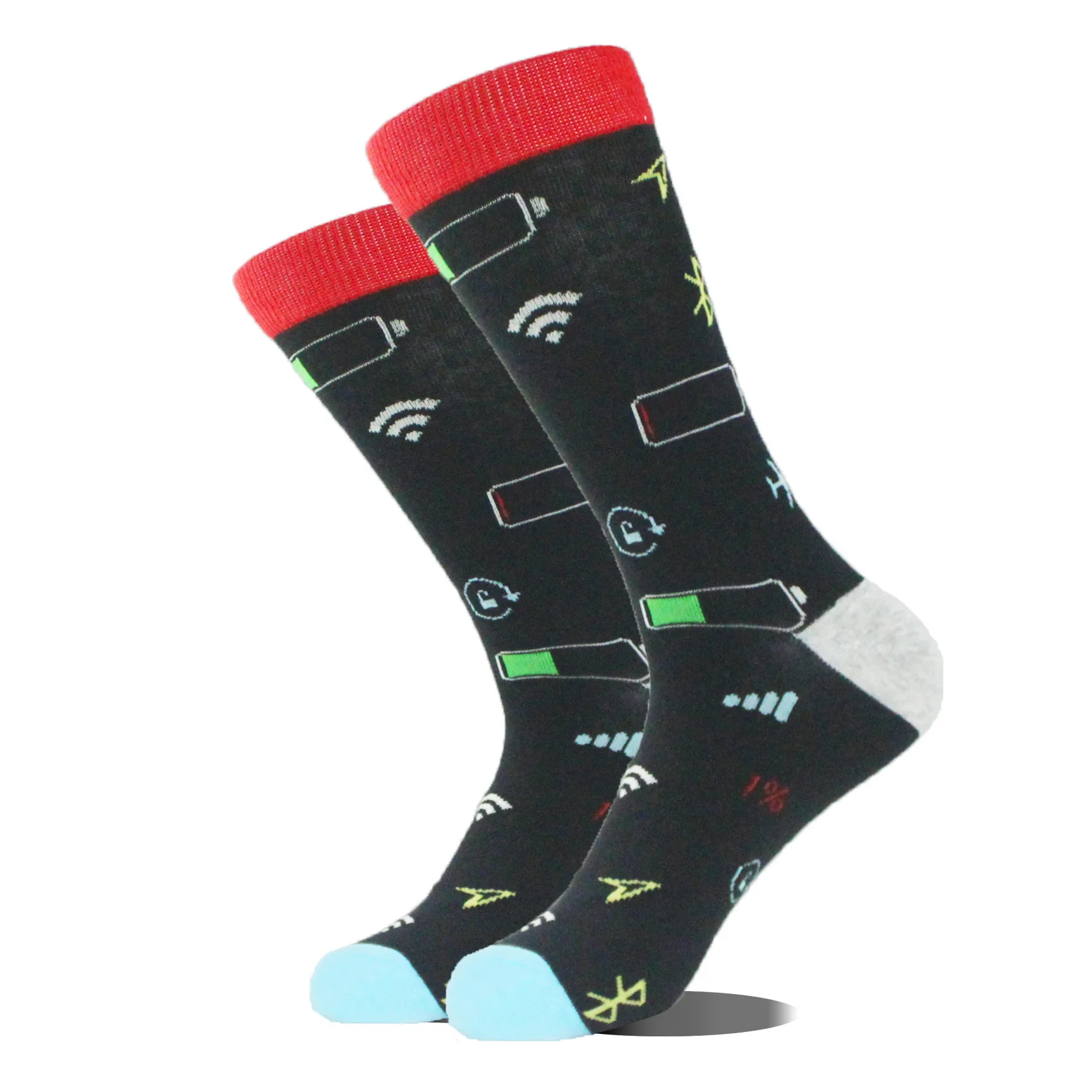1 pair Fun Tech Symbol Men's Mid-Calf Socks - Red & Black Contrast Trendy Socks (Signal/Battery Elements)