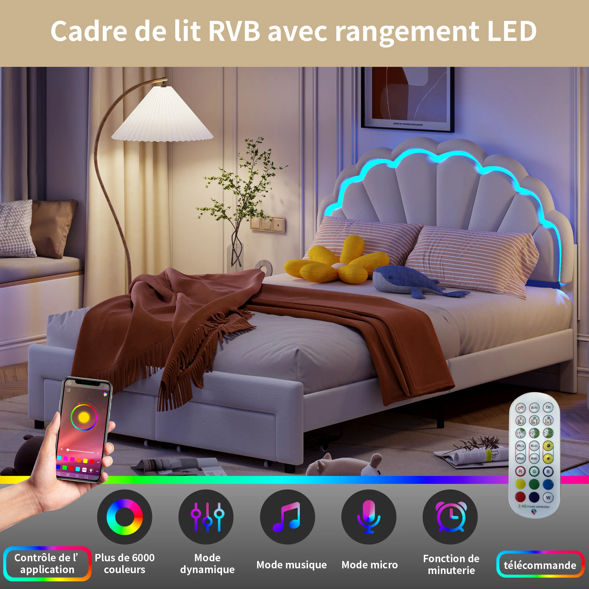 Rosahqnda Lit enfant 90/140x200 cm Lit simple avec lumière LED et tiroirs, Lit rembourré en forme de coquille pour enfants et adolescents, Blanc
