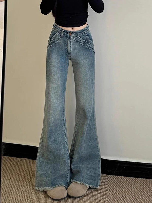 

High Waist Bell Bottom Vintage Faded Denim Jeans Women's Slim Fit Long Pants Breathable Casual Spring Autumn Ladies Jeans