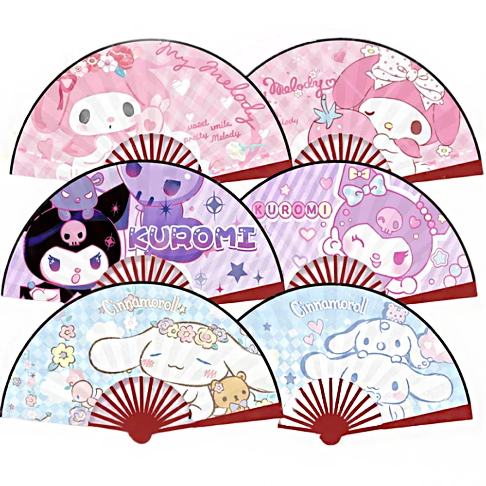 MINISO Folding Fan Anime Sanrio Kuromi My Melody Cinnamoroll Portable Folding Fan Wooden Shank Summer Hand Fans