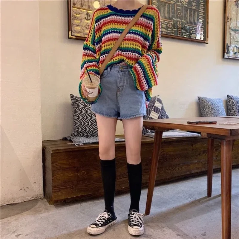 Sweet Young Style Summer New Women\'s O-Neck Rainbow Stripes Hole Hollow Out Korean Fashion Casual Long Sleeve Loose Knitted Tops