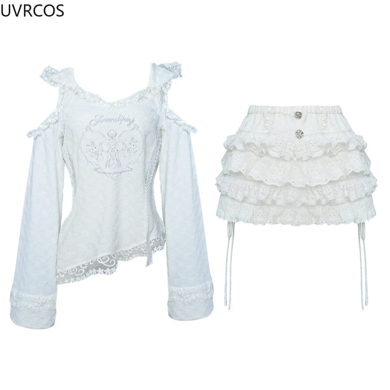 Kawaii doce lolita estilo saia conjunto feminino gótico sexy fora do ombro com capuz topo bonito mini bolo saias ternos coreano y2k 2 peça conjunto