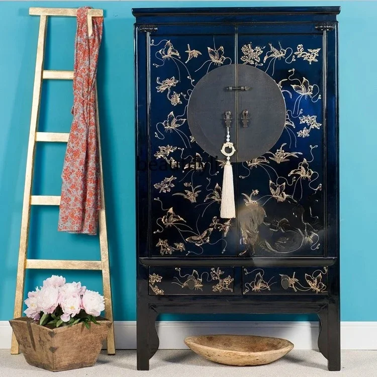 New Chinese solid wood hand-painted gold-painted butterfly wardrobe painted large wardrobe black locker