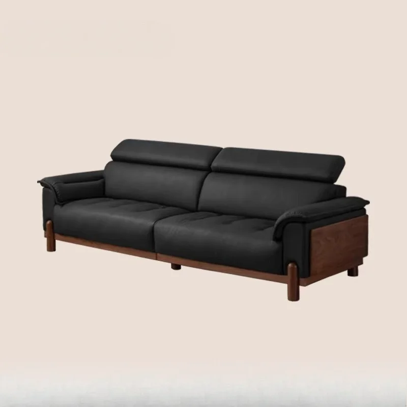 Leather sofa living room first layer yellow cowhide antique sofa minimalist light luxury black walnut sofa