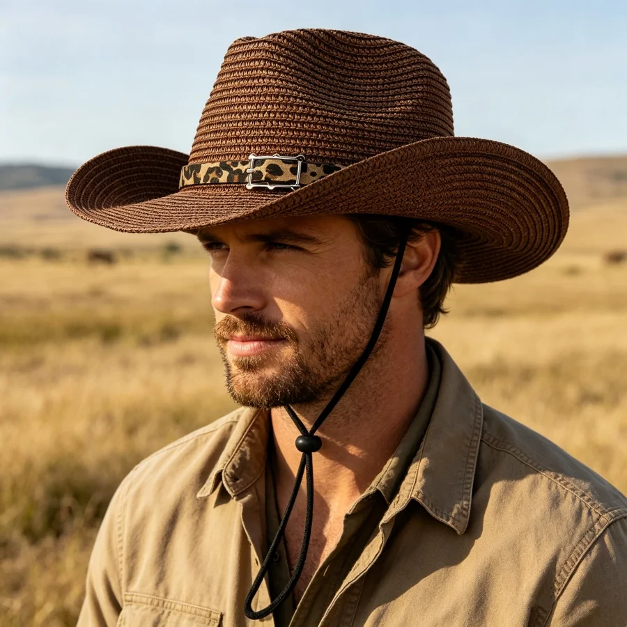 Sombrero de paja estilo vaquero occidental con banda con estampado de leopardo, sombrero para el sol con protección UV de ala ancha, con cordón resistente al viento, adecuado para hombres y mujeres para viajes a la playa y uso al aire libre