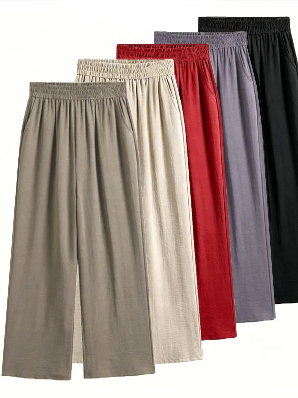 Pure Color Ice Silk Pleated Wide Leg Pants Women's Elastic Waist Straight Cut Breathable Casual Pants mid Age Nine Points