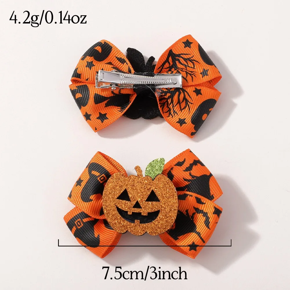 2Pcs/Set Halloween Hair Accessories for Kids Girls - Ribbon Bow Hairpin Ghost Pumpkin Bat Hair Clips for Party Decoration view 6