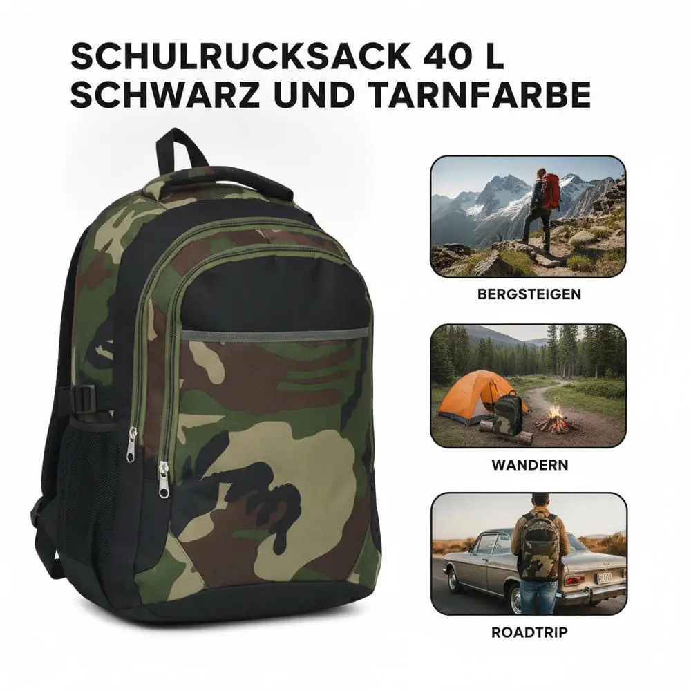 Sac à dos de voyage 40L, grande capacité, multi-compartiments, sac à dos de jour, panneau arrière respirant en polyester 600D, pour l'école, le sport, les trajets quotidiens, la randonnée.