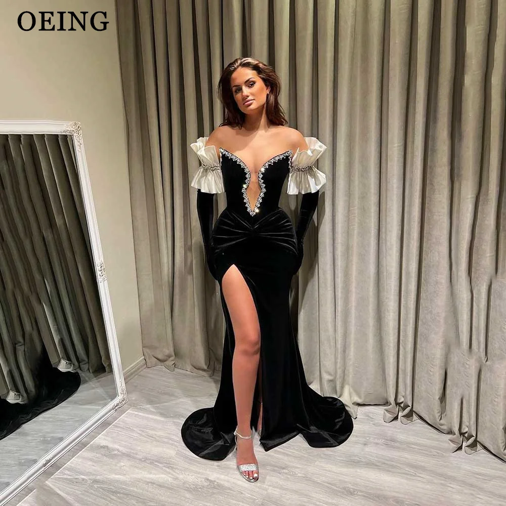 

OEING Elegant Velvet Evening Dresses Saudi Arabic Women Off The Shoulder Split Prom Gowns Formal Occasion Party Dress Long 2024