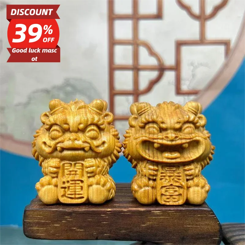 

Natural Solid Wood Feng Shui Little Lion Lucky Mini Statue Cute Home Room Office Car Decorations Featured Mascot A pair