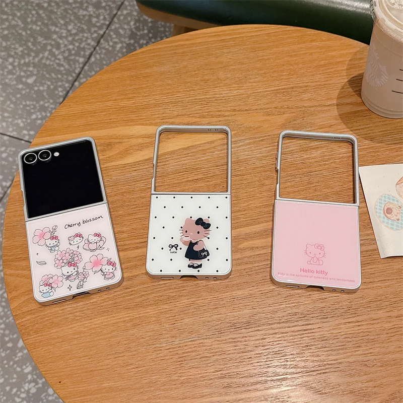 

Cute Hello Kitty Glass Phone Case For Samsung Galaxy Z Flip 7 6 5 Cherry Blossom Polka Dot Pink Foldable Protective Cover
