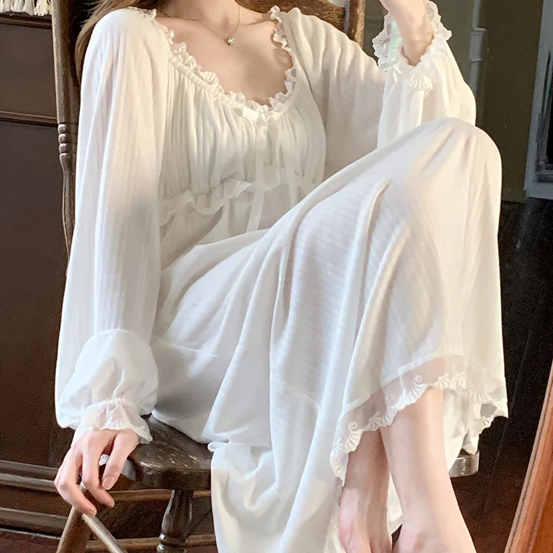 Lace Patchwork Women Princess Robe Sleepwear Long Sleeve Night-robe Loose Nightgown Women\'s Pajamas Solid Brides Wedding Dresses