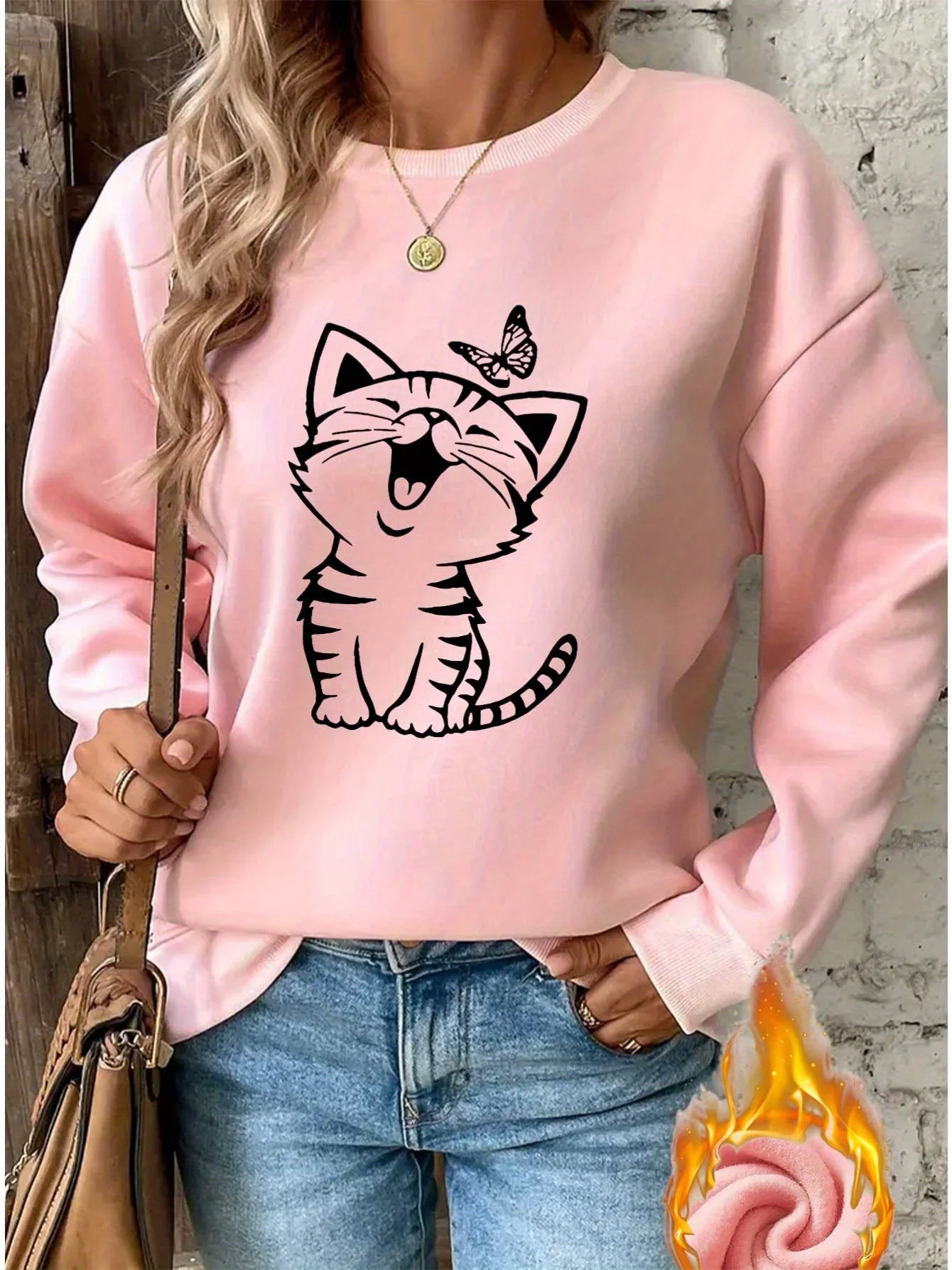 เสื้อสตรีแฟชั่นลำลองสำหรับฤดูใบไม้ร่วงและฤดูหนาวทรงหลวมและสวมใส่สบายพิมพ์ลายปารีสเสื้อแขนยาวคอกลมอบอุ่น