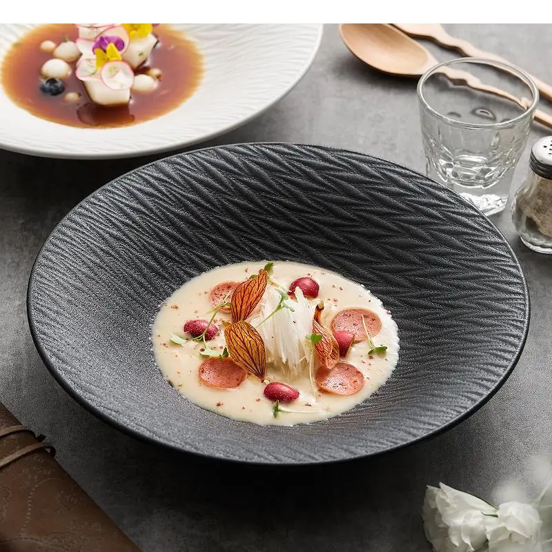 Pure White Relief Texture Ceramic Salad Bowl Restaurant Pasta Dessert Thick Soup Molecular Food Tableware