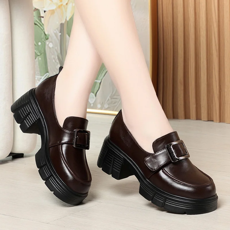 Fashionable Comfortable Thick-Soled Loafers For Women's British Style Spring New Jk Leather Shoes 6cm High-Rise Shoes High Heels