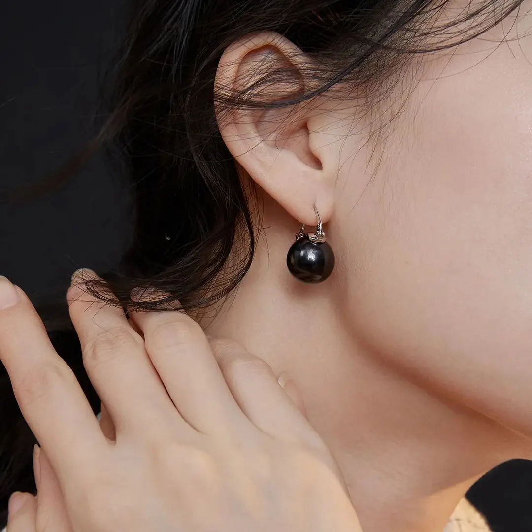 VOBIPY 925 Sterling Silver Earring Black Color Pearl Earring For Women Girl Wedding Party Gift Fashion Jewelry 14mm Shell Pearls