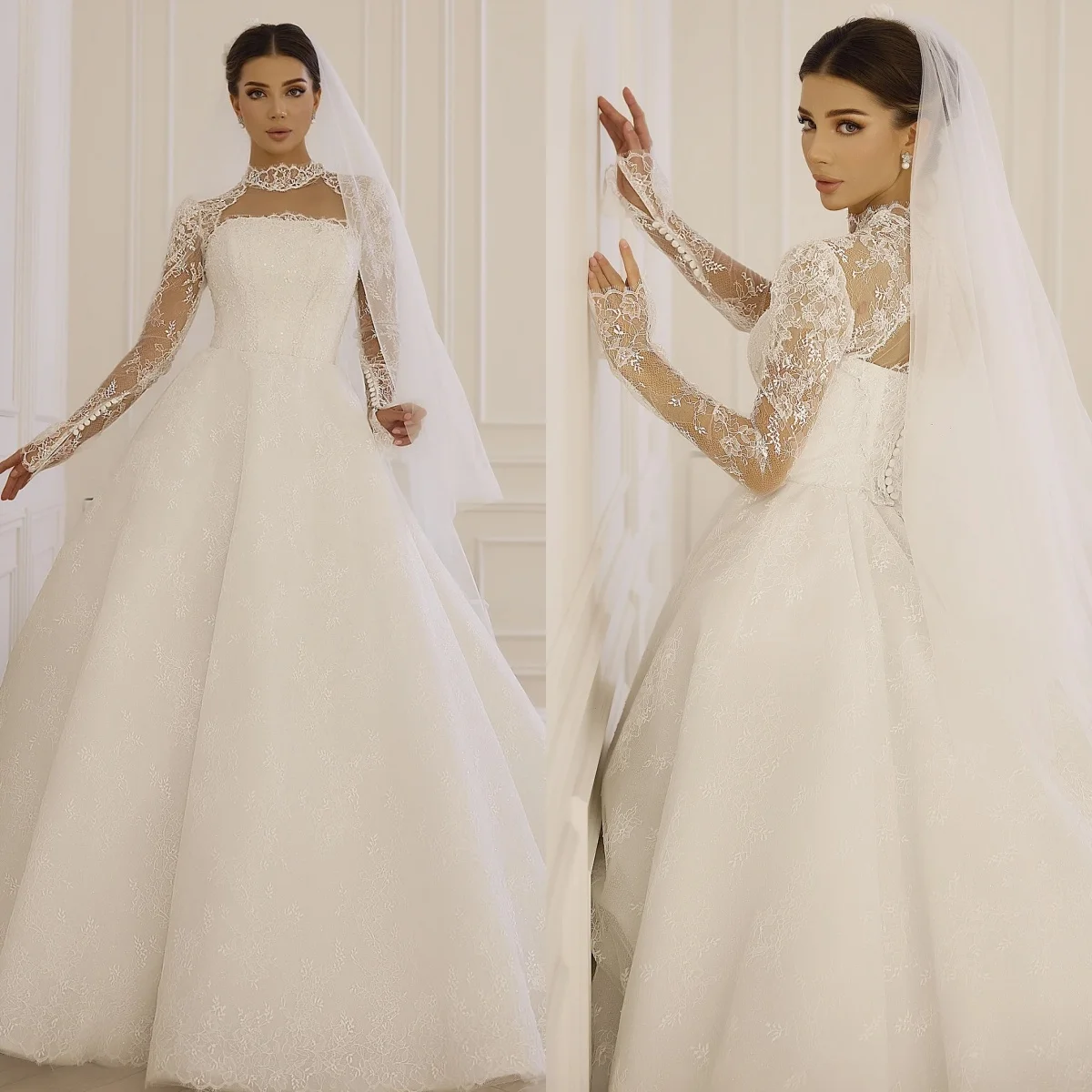 

Customized Romantic Lace Strapless High Collar Long Sleeves White Wedding Dress Bridal Party Bridal Gowns Lace Simple