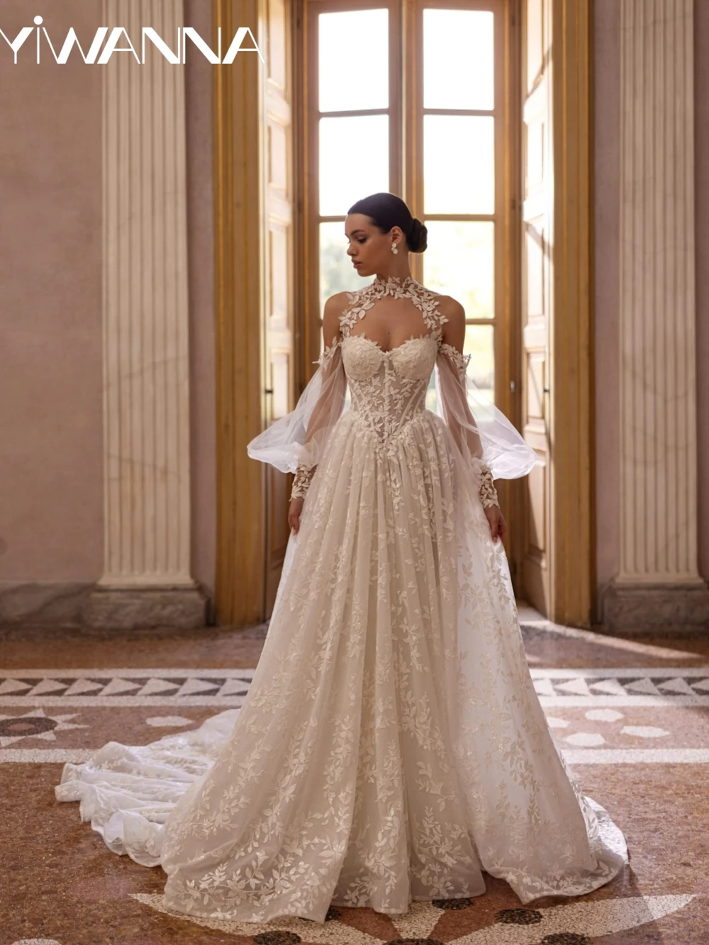 

Detachable Sleeve Lace Appliques Wedding Dress Graceful Glitter A-line Long Bridal Gown Customized Charming Dresses For Bride