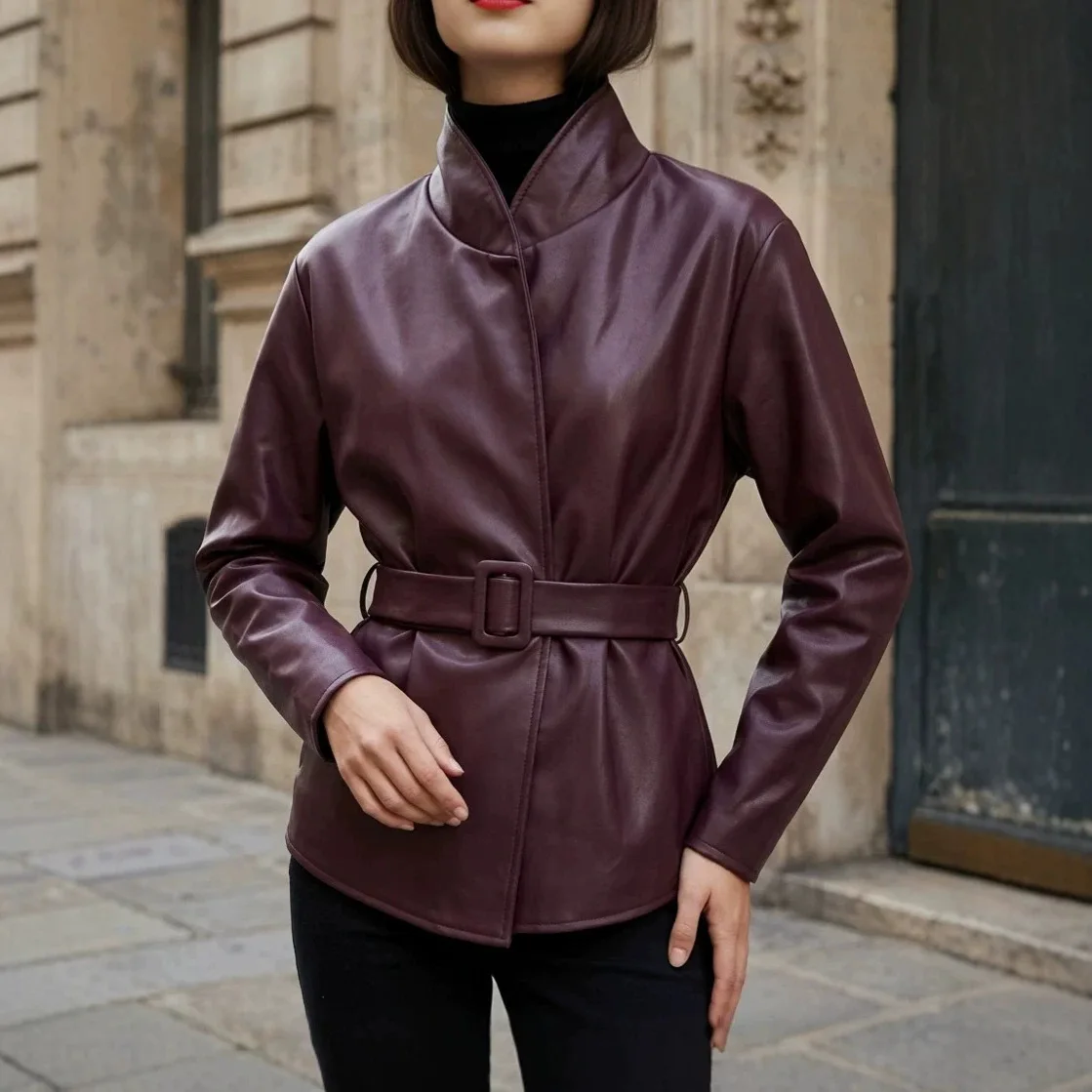 Women Solid Burgundy Belted Leather Jacket Lady Fashion Chic Stand Collar Long-sleeved Cropped Coat 2026 Daily Street Outerwear