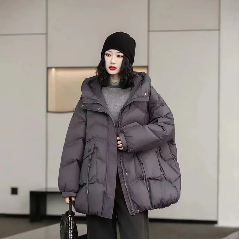 Women's Down Jacket  Mid-length Hooded Jacket White Duck Down Thickened Warm Literary Loose Fashion Winter Women's Coat