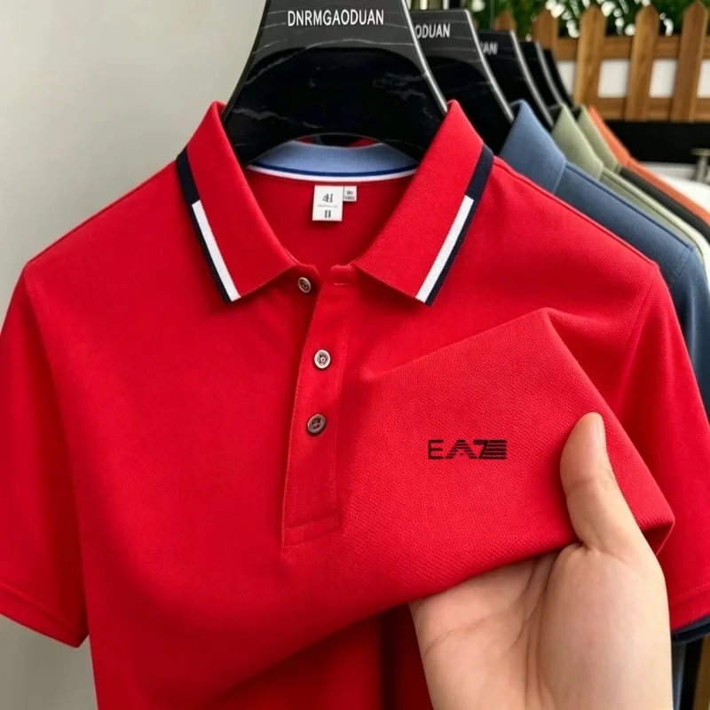 Summer high-end brand boutique embroidered men's polo shirt with ice silk cool anti wrinkle business casual short sleeved Tshirt