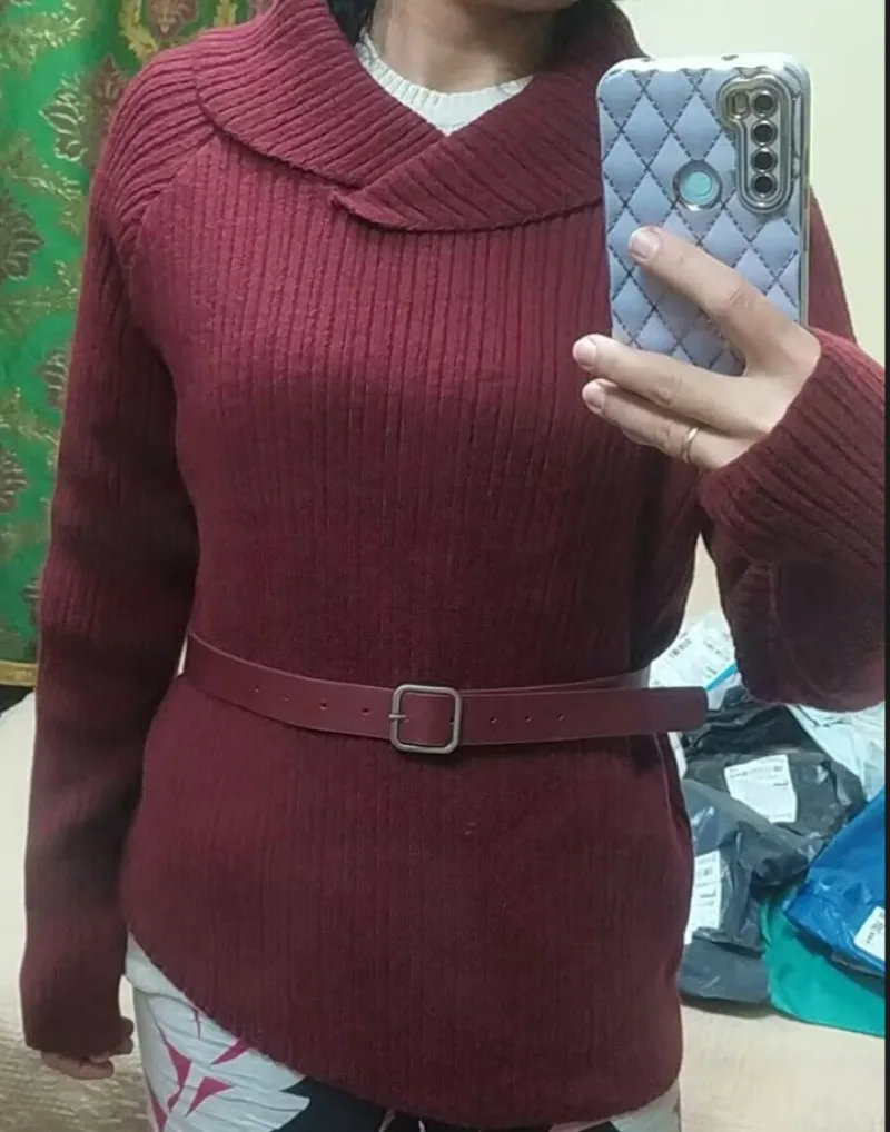 

Autumn New Retro Wine Red Knit Sweater Women Chinese Style Off Shoulder Knitted Pullover Belt Irregular Oversized Sweater