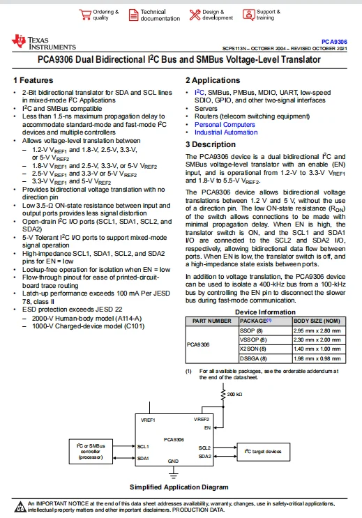 PCA9306DCUR Dual Bidirectional I2C Bus and SMBus Voltage-Level Translator Industrial Automation