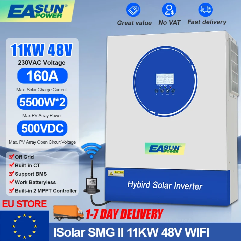 EASUN 11KW 48V Hybrid Solar Inverter Off Grid 220VAC Pure Sine Wave PV Input 500VDC 150A MPPT Support Lithium BMS With WIFI