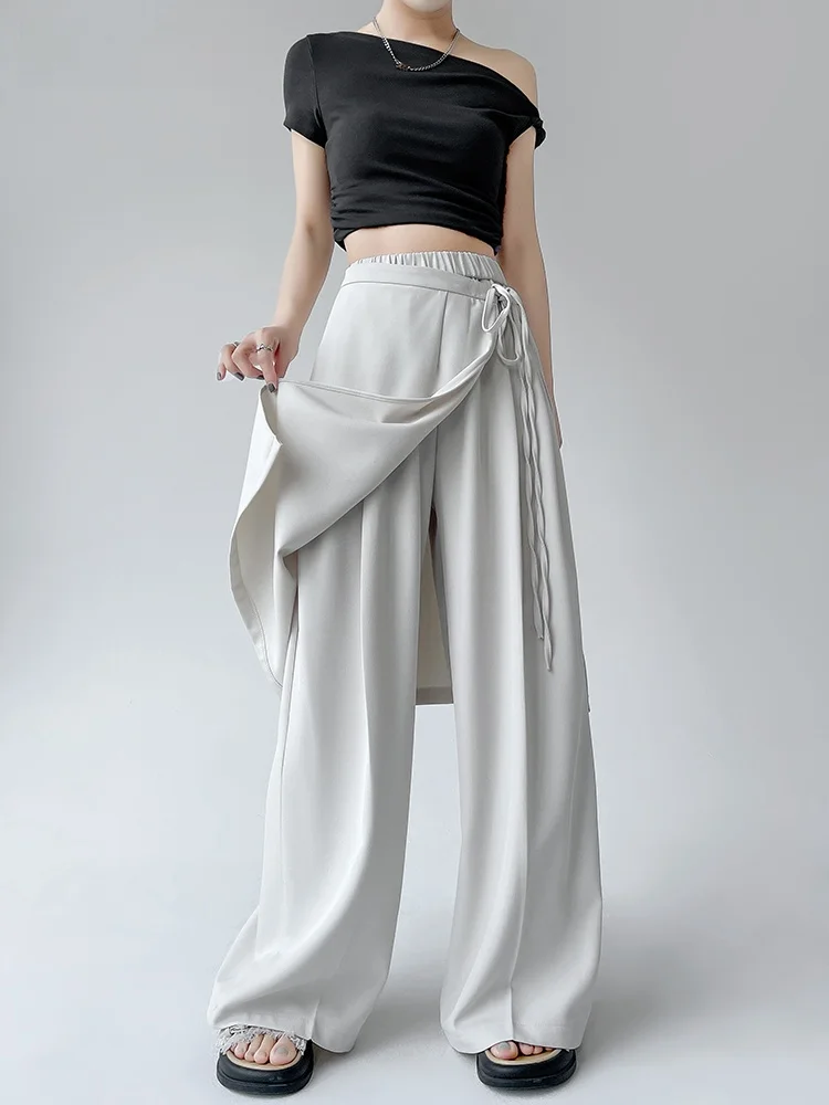 

Бежевые широкие брюки-костюм для женщин, повседневный комплект из двух предметов с отстегивающимся фартуком, весна-лето-осень, с высокой талией, элегантный женский стиль