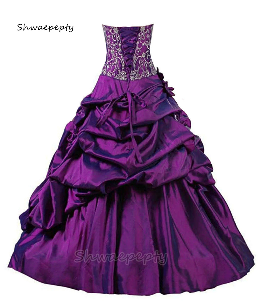 Vestido de casamento roxo bordado para mulheres, Vestidos De Noiva Ruched, Até O Chão, Vestidos De Noiva Góticos, Flores Artesanais, Espartilho Querida, Vestidos De Baile