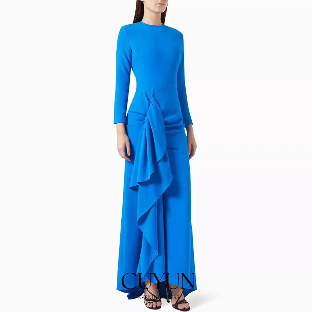 CUYUN Customized Formal Evening Dress Maxi Mermaid O-Neck Blue Party Dresses for Women 2025 Long Sleeves Pleat Ankle Length Prom