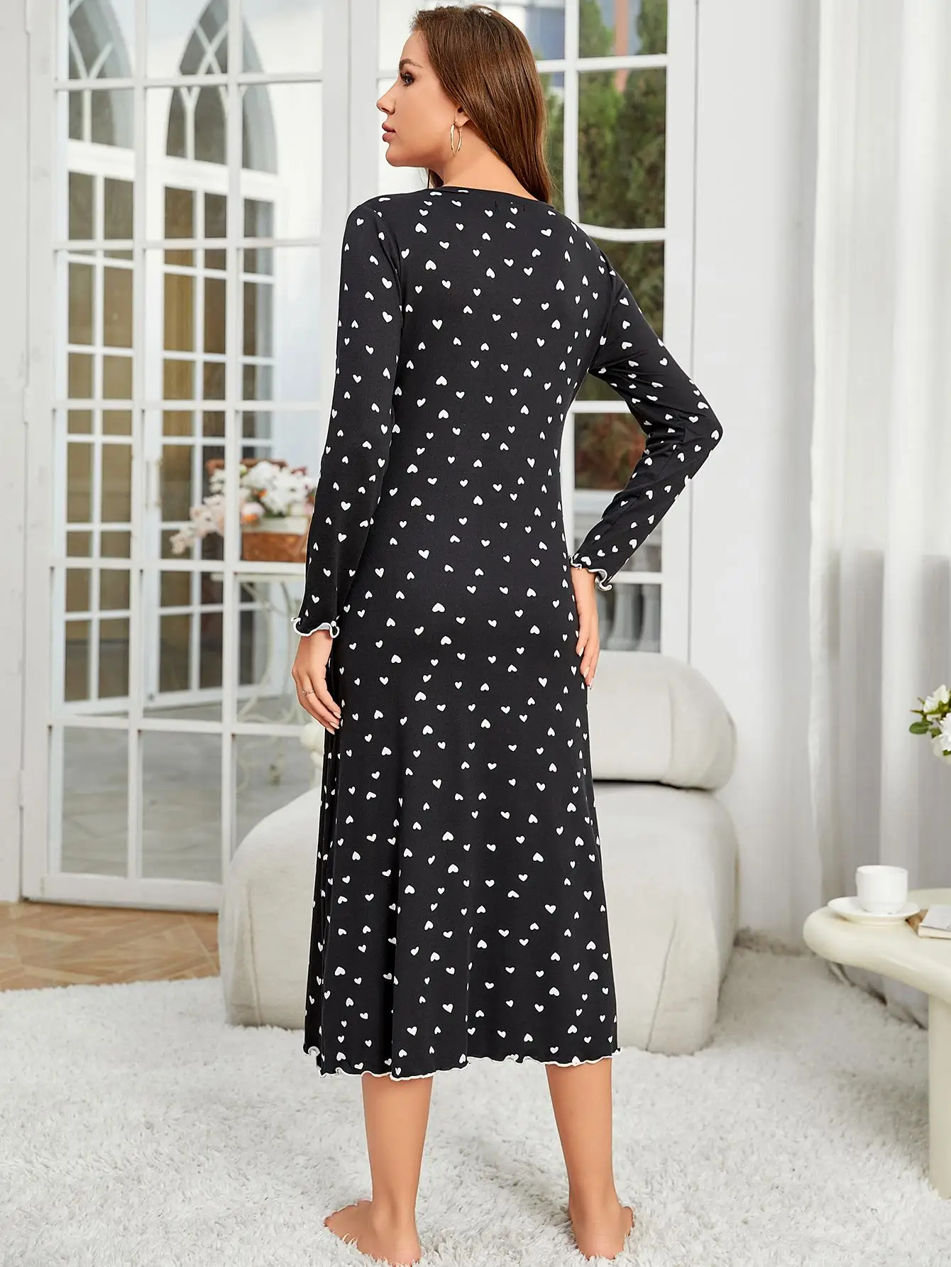 Heart Print Women Nightgown V Neck Long Sleeves Sleepwear Ruffle Hem Fall Female Nightwear Homwear Clothing Pajama Dress