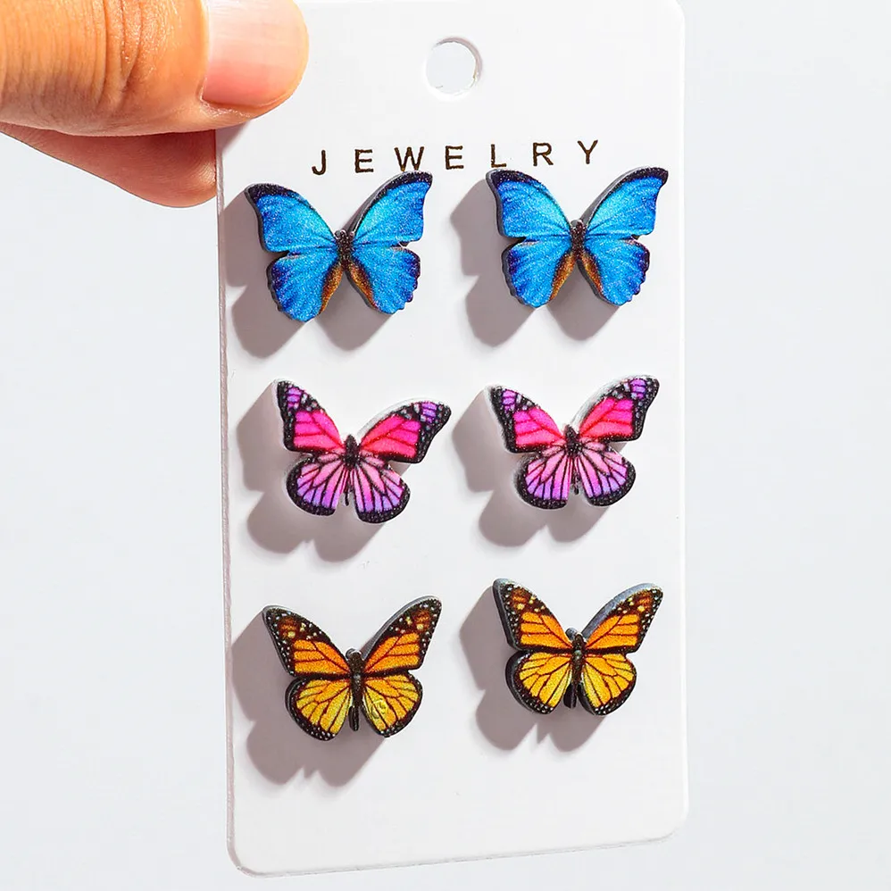 New 3pair/set Glitter Butterfly Acrylic Mini Stud Earrings for Women Cute Colorful Moth Earring 2024 Holiday Jewelry Gift
