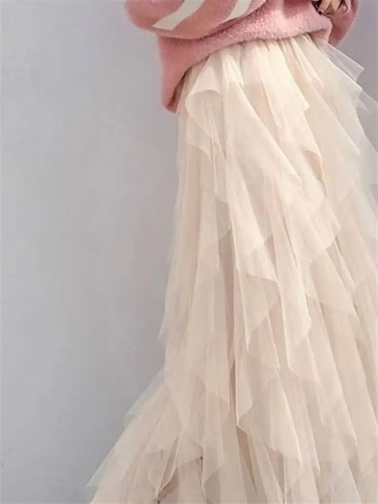 Spring Summer Irregular Half-length Skirt Women's Pleated Gauze Skirt High Waist A-line Midi Skirt New 2024 Fashion