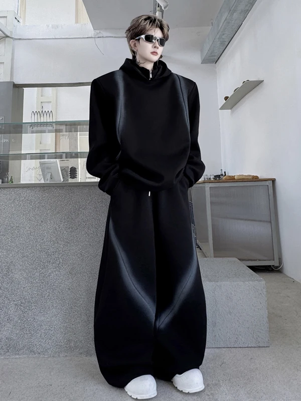 

TANGZ STUDIO American High Street Spray Paint oulder Pad Hoodie Set Men's Wide Leg Pants Two Piece Set Faionable Youthwear