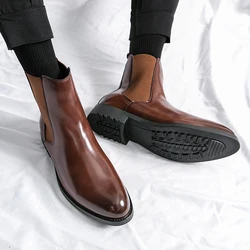 Winter Mens Leather Boots Chelsea Short Boots Black Business Low Heeled Pointed Leather Shoes British Style High Top Men's Shoes