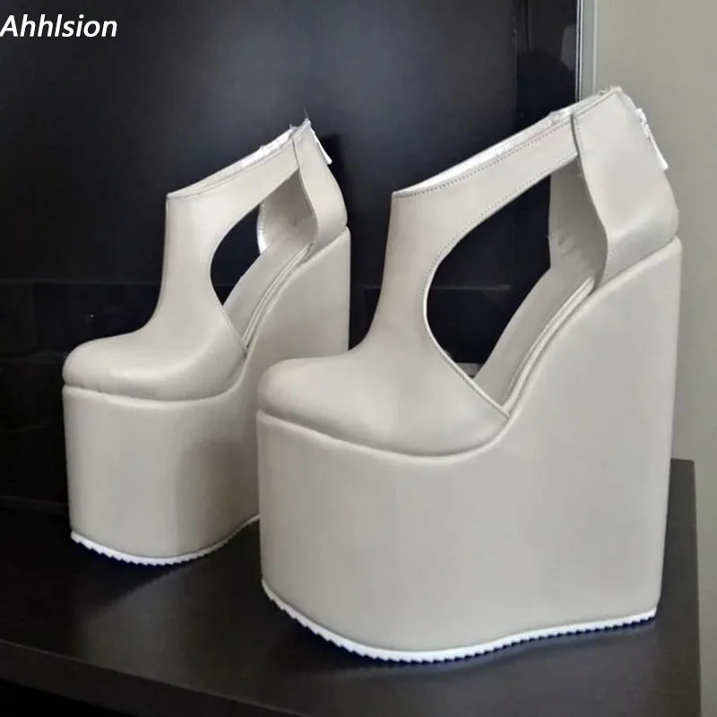 Ahhlsion Handmade Women Summer Sandals Wedges High Heeled Round Toe Elegant White Cosplay Shoes Ladies US Plus Size 4-15