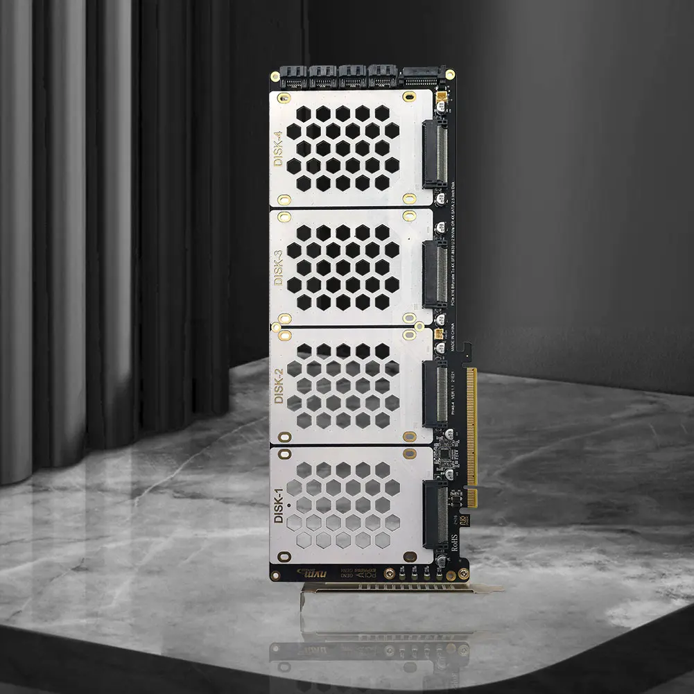 

4-портовый PCI-E 4,0 16X 2,5-дюймовый адаптер SATA, материнская плата, поддержка PCIe X4x4x4x4, раздвоенный адаптер U.2 PCIe со светодиодом для ПК